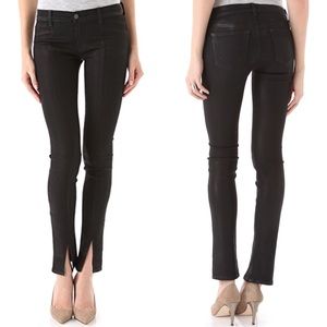 J Brand black “Vera” slit hem coated skinny jeans Bikercore Leather-like jeans